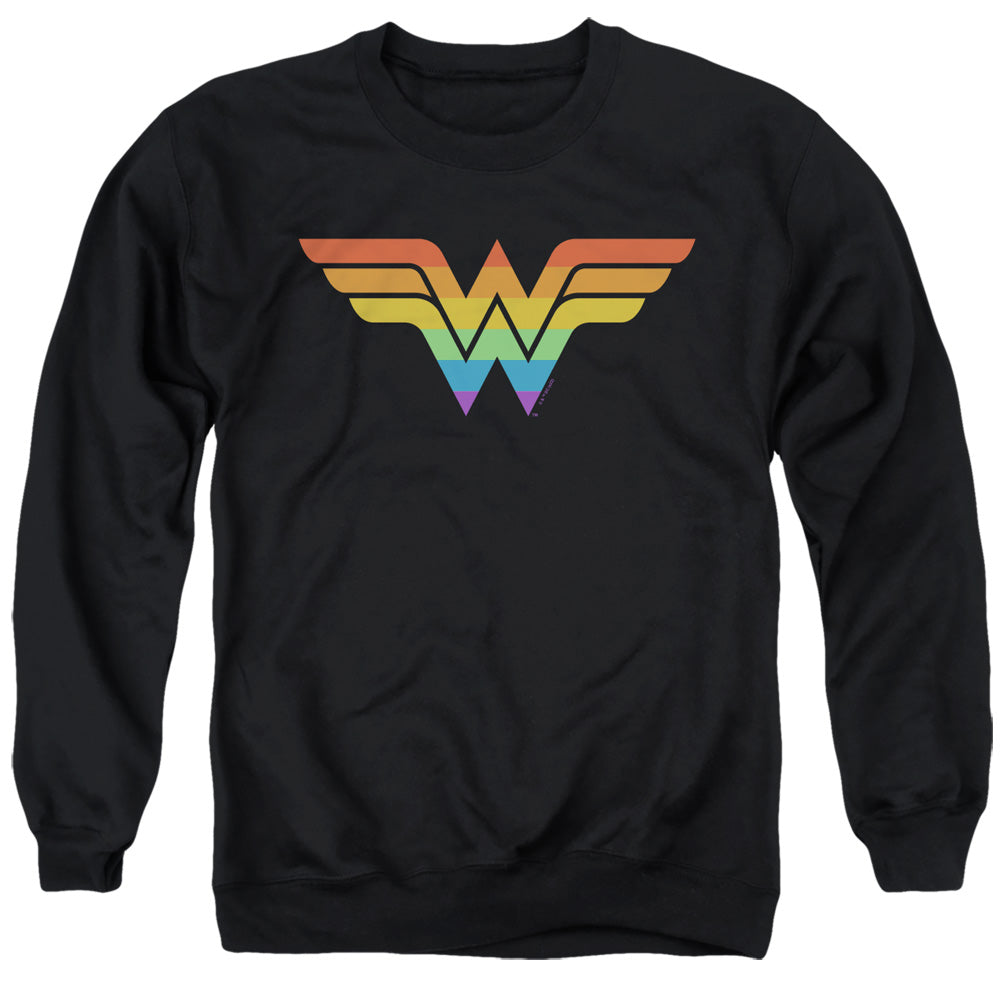 AN OFFCIALLY LICENSED JUSTICE LEAGUE WONDER WOMAN RAINBOW ADULT UNISEX CREWNECK SWEATSHIRT BLACK