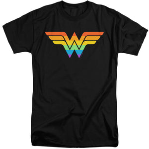 AN OFFCIALLY LICENSED JUSTICE LEAGUE WONDER WOMAN RAINBOW MEN'S TALL FIT T-SHIRT BLACK