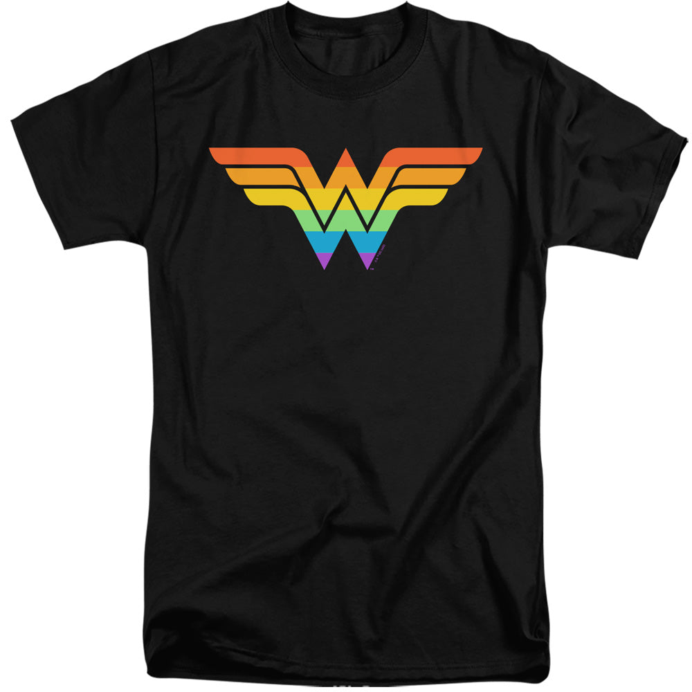 AN OFFCIALLY LICENSED JUSTICE LEAGUE WONDER WOMAN RAINBOW MEN'S TALL FIT T-SHIRT BLACK