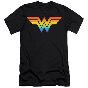 AN OFFCIALLY LICENSED JUSTICE LEAGUE WONDER WOMAN RAINBOW MEN'S PREMIUM SLIM FIT T-SHIRT BLACK