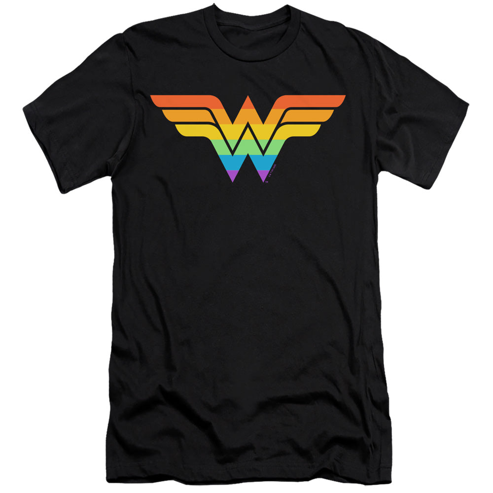 AN OFFCIALLY LICENSED JUSTICE LEAGUE WONDER WOMAN RAINBOW MEN'S PREMIUM SLIM FIT T-SHIRT BLACK