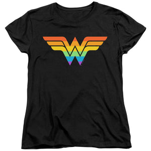 AN OFFCIALLY LICENSED JUSTICE LEAGUE WONDER WOMAN RAINBOW WOMEN'S REGULAR FIT T-SHIRT BLACK