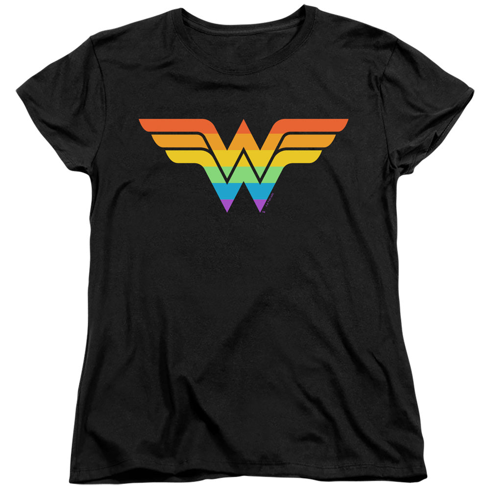 AN OFFCIALLY LICENSED JUSTICE LEAGUE WONDER WOMAN RAINBOW WOMEN'S REGULAR FIT T-SHIRT BLACK