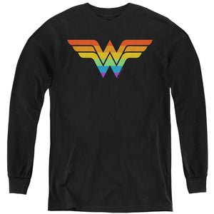 AN OFFCIALLY LICENSED JUSTICE LEAGUE WONDER WOMAN RAINBOW YOUTH LONG SLEEVE T-SHIRT BLACK