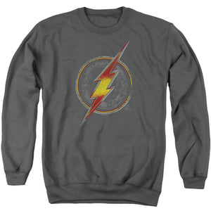 AN OFFCIALLY LICENSED JUSTICE LEAGUE FLASH BUSTED LOGO ADULT UNISEX CREWNECK SWEATSHIRT CHARCOAL