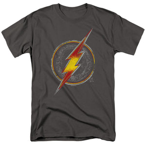 AN OFFCIALLY LICENSED JUSTICE LEAGUE FLASH BUSTED LOGO MEN'S REGULAR FIT T-SHIRT CHARCOAL