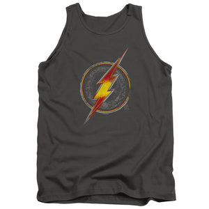 AN OFFCIALLY LICENSED JUSTICE LEAGUE FLASH BUSTED LOGO ADULT UNISEX TANK TOP CHARCOAL