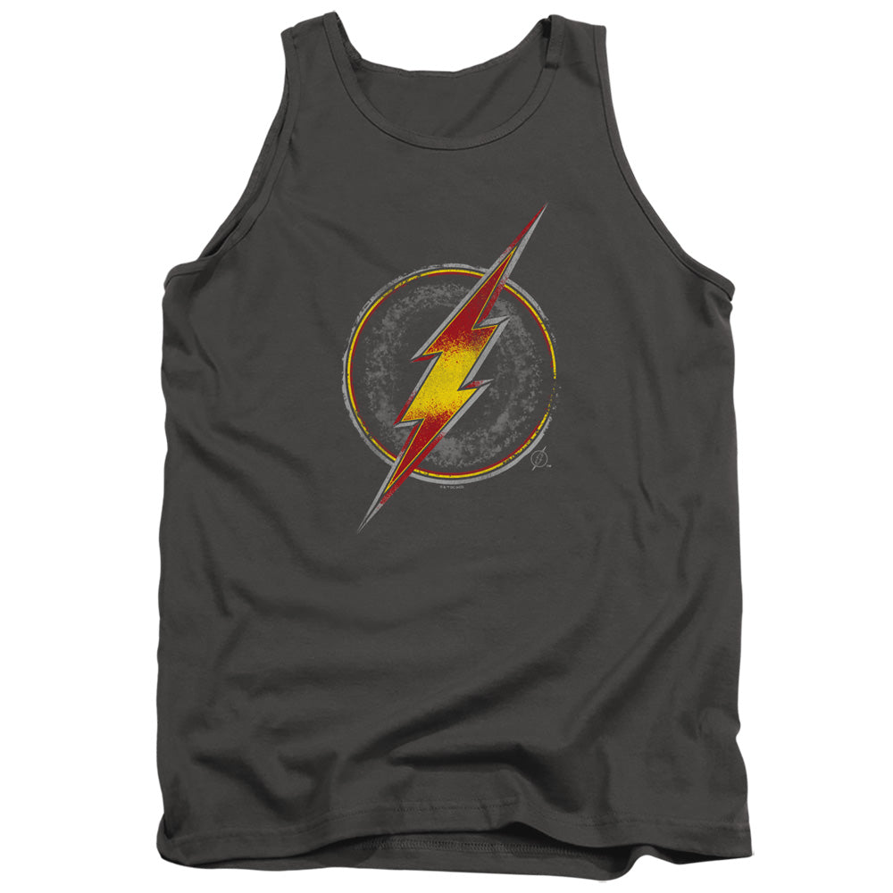 AN OFFCIALLY LICENSED JUSTICE LEAGUE FLASH BUSTED LOGO ADULT UNISEX TANK TOP CHARCOAL