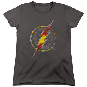 AN OFFCIALLY LICENSED JUSTICE LEAGUE FLASH BUSTED LOGO WOMEN'S REGULAR FIT T-SHIRT CHARCOAL