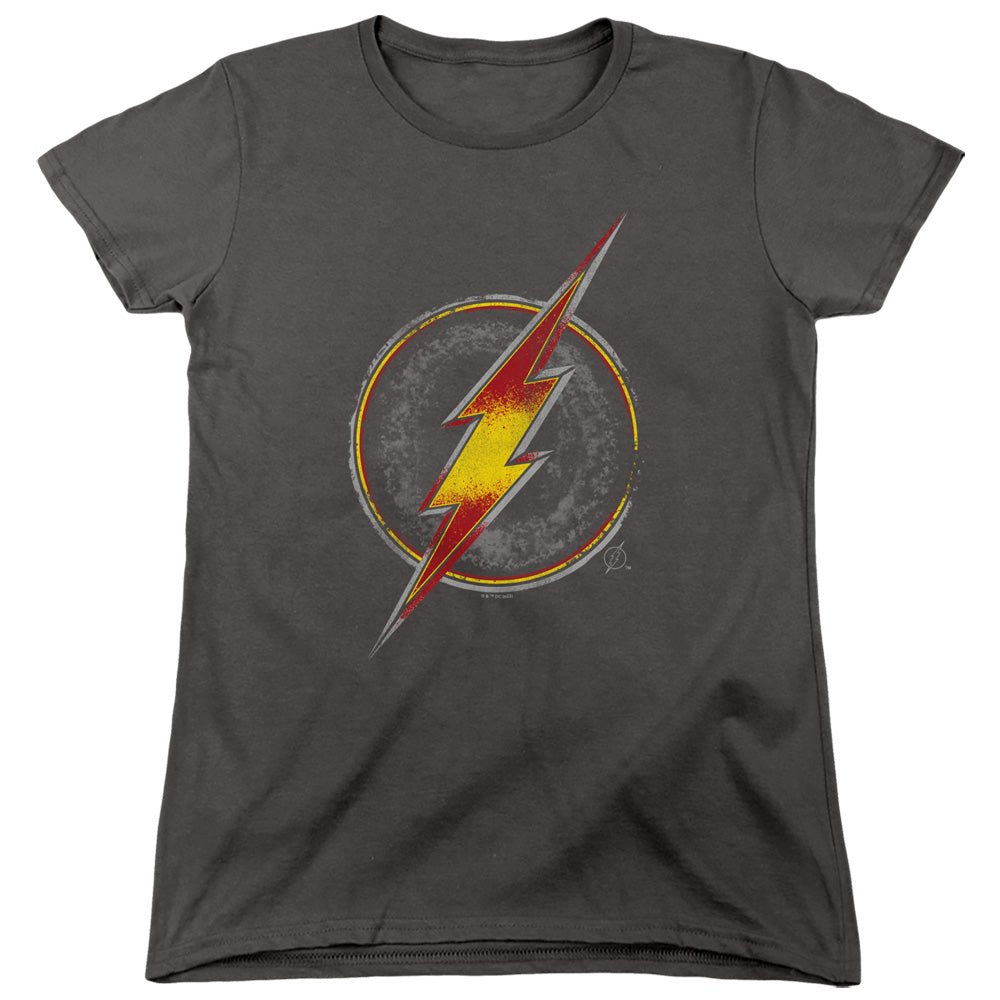 AN OFFCIALLY LICENSED JUSTICE LEAGUE FLASH BUSTED LOGO WOMEN'S REGULAR FIT T-SHIRT CHARCOAL