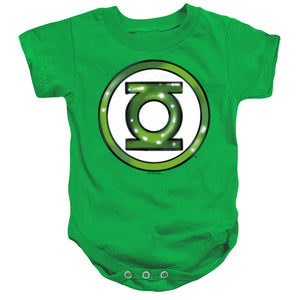 AN OFFCIALLY LICENSED JUSTICE LEAGUE GREEN LANTERN AIRBRUSH LOGO BABY BODYSUIT KELLY GREEN