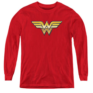 AN OFFCIALLY LICENSED JLA GOLDEN YOUTH LONG SLEEVE T-SHIRT RED