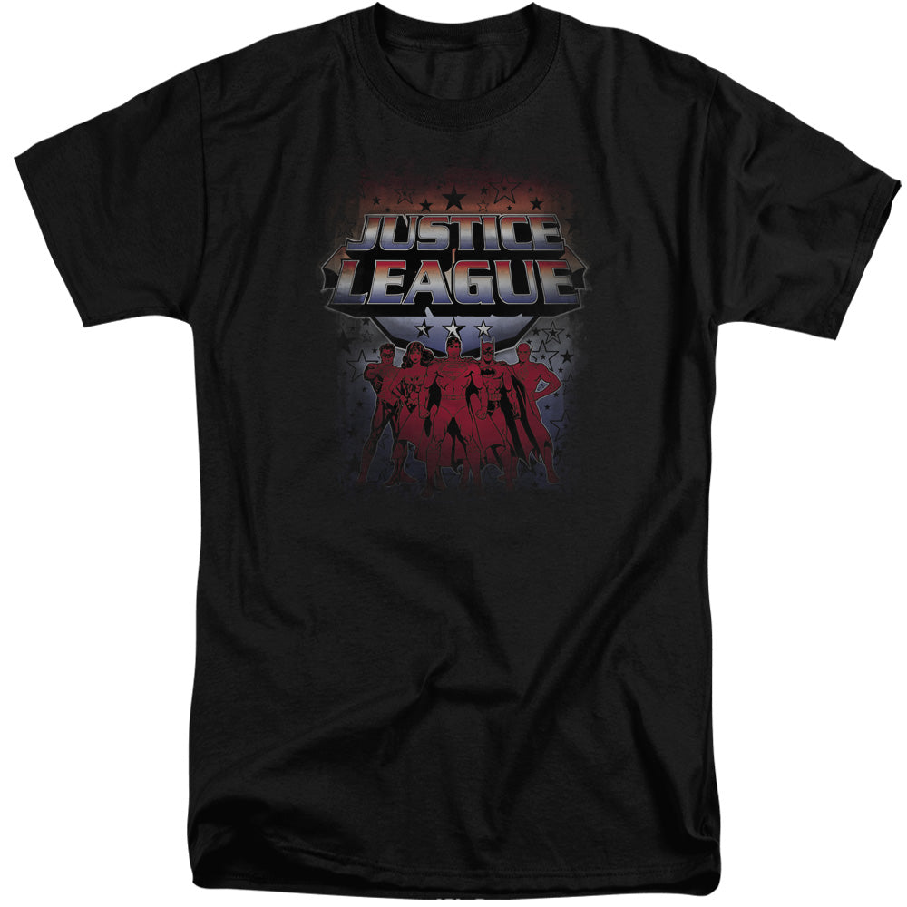 AN OFFCIALLY LICENSED JLA STAR LEAGUE MEN'S TALL FIT T-SHIRT BLACK