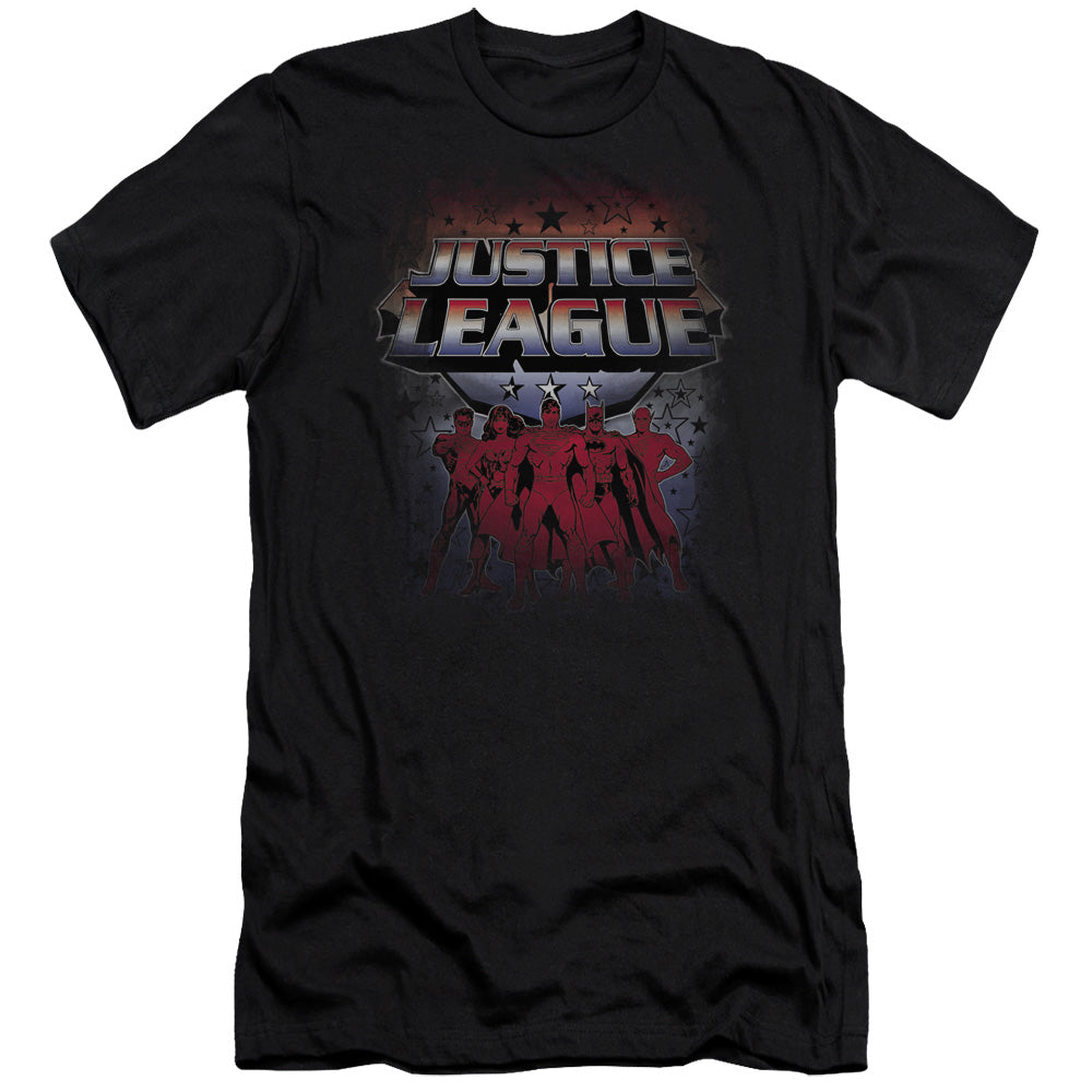 AN OFFCIALLY LICENSED JLA STAR LEAGUE MEN'S PREMIUM SLIM FIT T-SHIRT BLACK