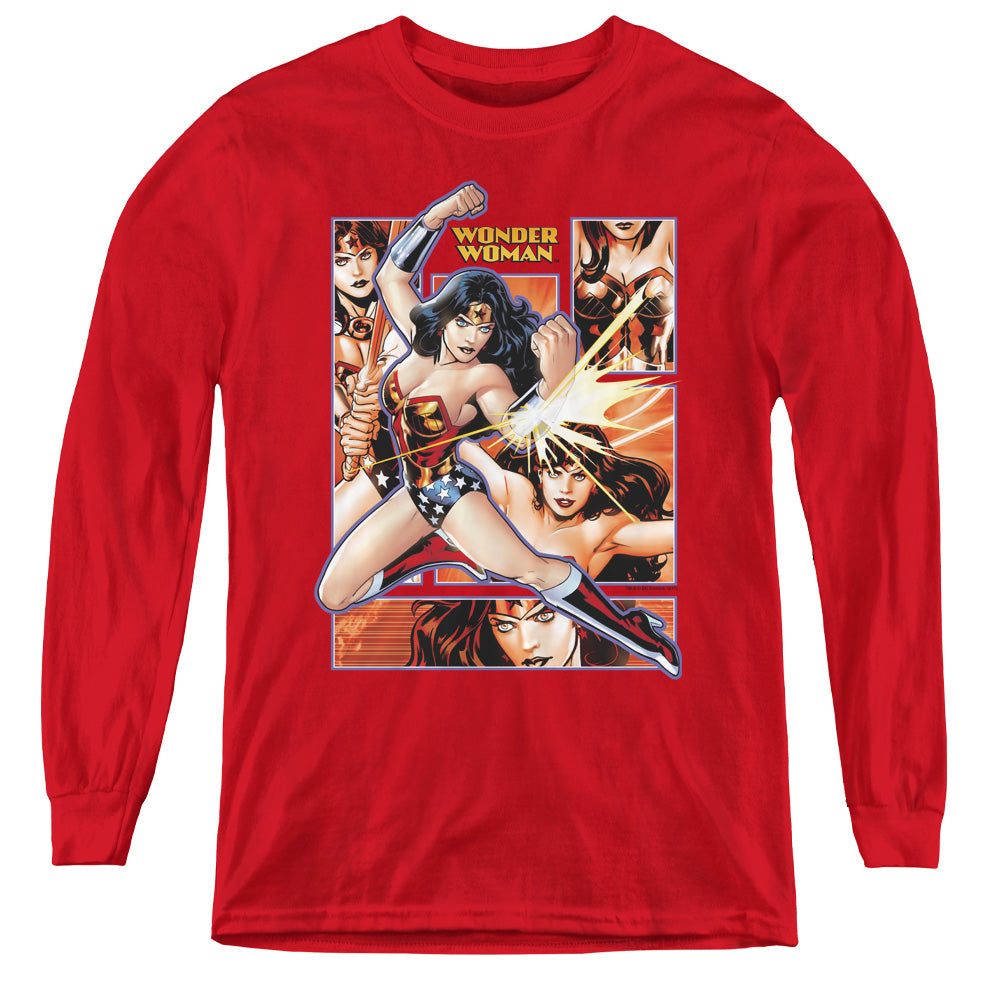 AN OFFCIALLY LICENSED JLA WONDER WOMAN PANELS YOUTH LONG SLEEVE T-SHIRT RED