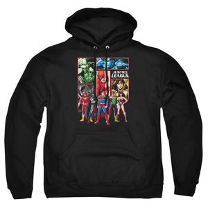 AN OFFCIALLY LICENSED JLA JUSTICE LEAGUE PANELS ADULT UNISEX PULLOVER HOODIE BLACK