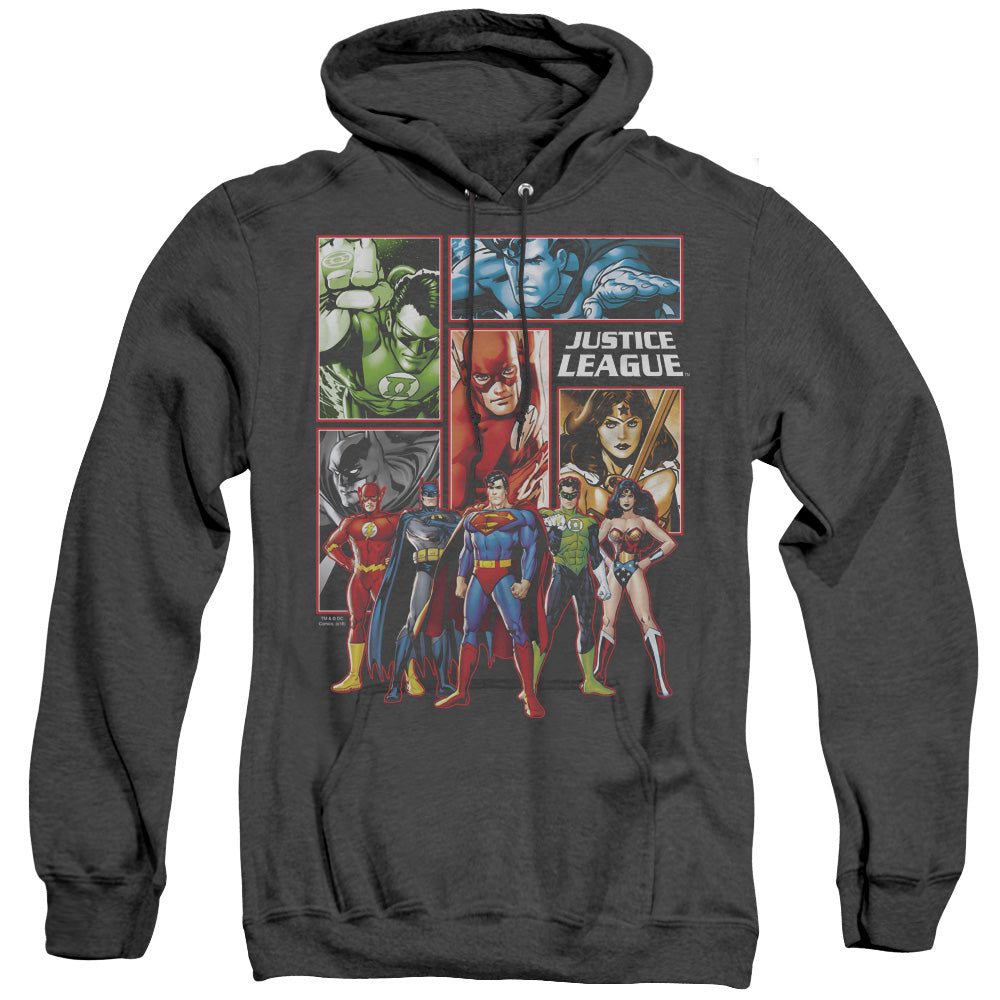 AN OFFCIALLY LICENSED JLA JUSTICE LEAGUE PANELS ADULT UNISEX HEATHER PULLOVER HOODIE BLACK