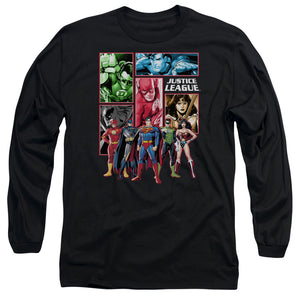 AN OFFCIALLY LICENSED JLA JUSTICE LEAGUE PANELS MEN'S LONG SLEEVE T-SHIRT BLACK