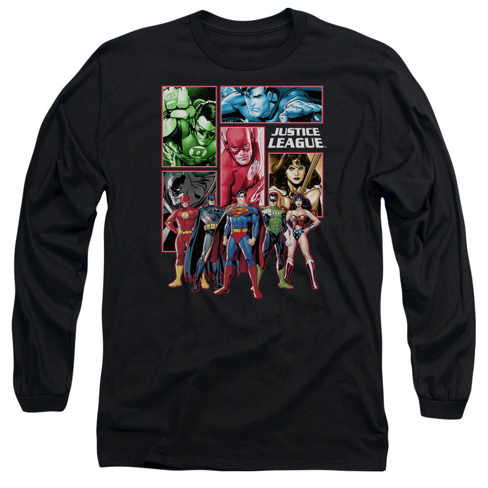 AN OFFCIALLY LICENSED JLA JUSTICE LEAGUE PANELS MEN'S LONG SLEEVE T-SHIRT BLACK