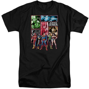 AN OFFCIALLY LICENSED JLA JUSTICE LEAGUE PANELS MEN'S TALL FIT T-SHIRT BLACK