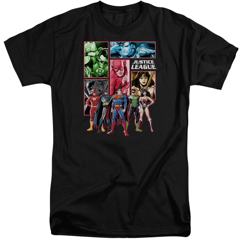 AN OFFCIALLY LICENSED JLA JUSTICE LEAGUE PANELS MEN'S TALL FIT T-SHIRT BLACK