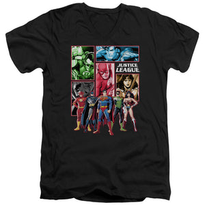 AN OFFCIALLY LICENSED JLA JUSTICE LEAGUE PANELS MEN'S V-NECK T-SHIRT BLACK