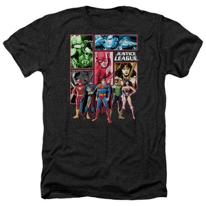 AN OFFCIALLY LICENSED JLA JUSTICE LEAGUE PANELS MEN'S HEATHER T-SHIRT CHARCOAL