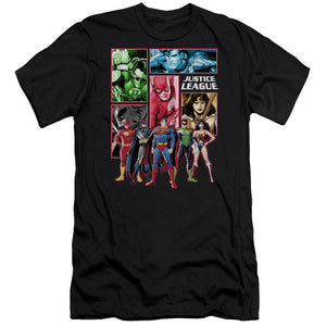 AN OFFCIALLY LICENSED JLA JUSTICE LEAGUE PANELS MEN'S PREMIUM SLIM FIT T-SHIRT BLACK