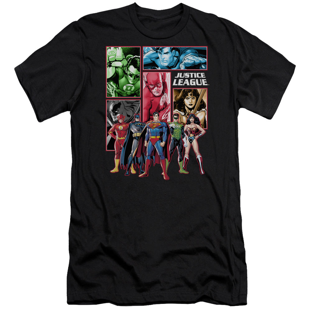 AN OFFCIALLY LICENSED JLA JUSTICE LEAGUE PANELS MEN'S PREMIUM SLIM FIT T-SHIRT BLACK