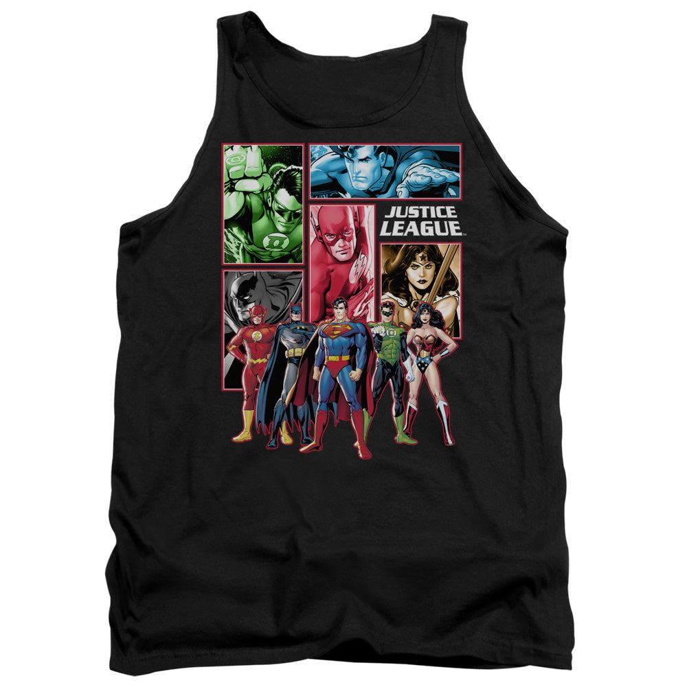 AN OFFCIALLY LICENSED JLA JUSTICE LEAGUE PANELS ADULT UNISEX TANK TOP BLACK