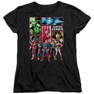 AN OFFCIALLY LICENSED JLA JUSTICE LEAGUE PANELS WOMEN'S REGULAR FIT T-SHIRT BLACK