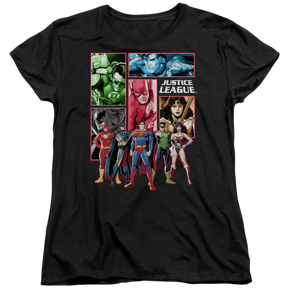 AN OFFCIALLY LICENSED JLA JUSTICE LEAGUE PANELS WOMEN'S REGULAR FIT T-SHIRT BLACK