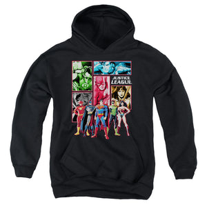 AN OFFCIALLY LICENSED JLA JUSTICE LEAGUE PANELS YOUTH HOODIE BLACK