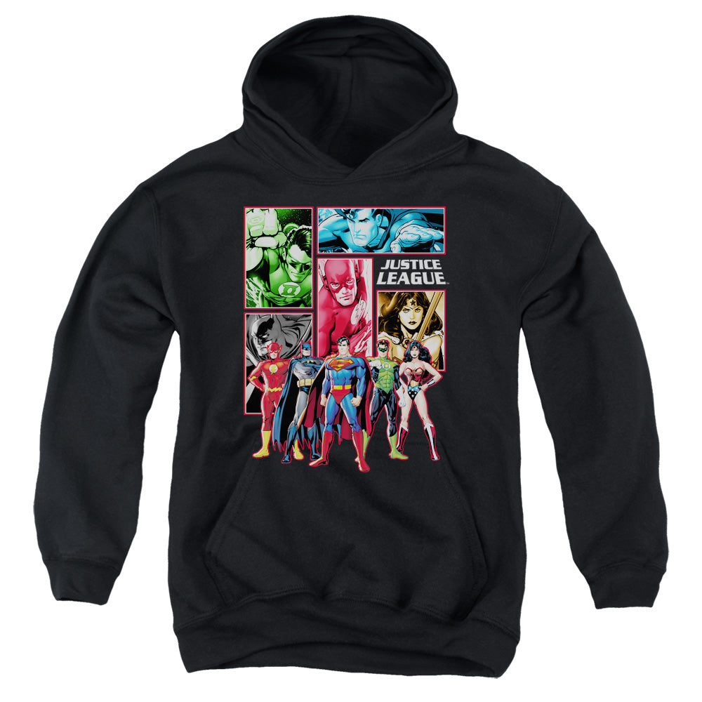 AN OFFCIALLY LICENSED JLA JUSTICE LEAGUE PANELS YOUTH HOODIE BLACK