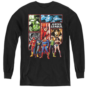 AN OFFCIALLY LICENSED JLA JUSTICE LEAGUE PANELS YOUTH LONG SLEEVE T-SHIRT BLACK