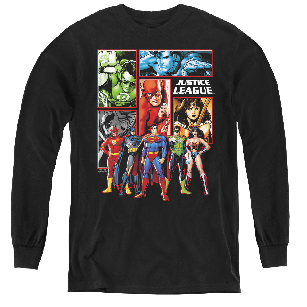 AN OFFCIALLY LICENSED JLA JUSTICE LEAGUE PANELS YOUTH LONG SLEEVE T-SHIRT BLACK