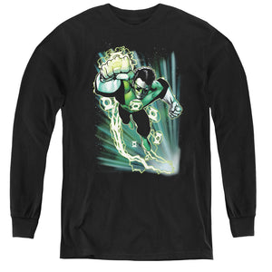 AN OFFCIALLY LICENSED JLA EMERALD ENERGY YOUTH LONG SLEEVE T-SHIRT BLACK