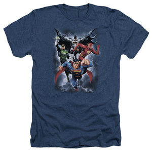 AN OFFCIALLY LICENSED JLA THE COMING STORM MEN'S HEATHER T-SHIRT NAVY