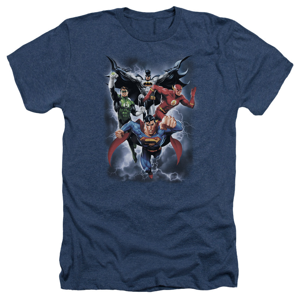 AN OFFCIALLY LICENSED JLA THE COMING STORM MEN'S HEATHER T-SHIRT NAVY