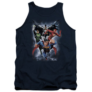 AN OFFCIALLY LICENSED JLA THE COMING STORM ADULT UNISEX TANK TOP NAVY