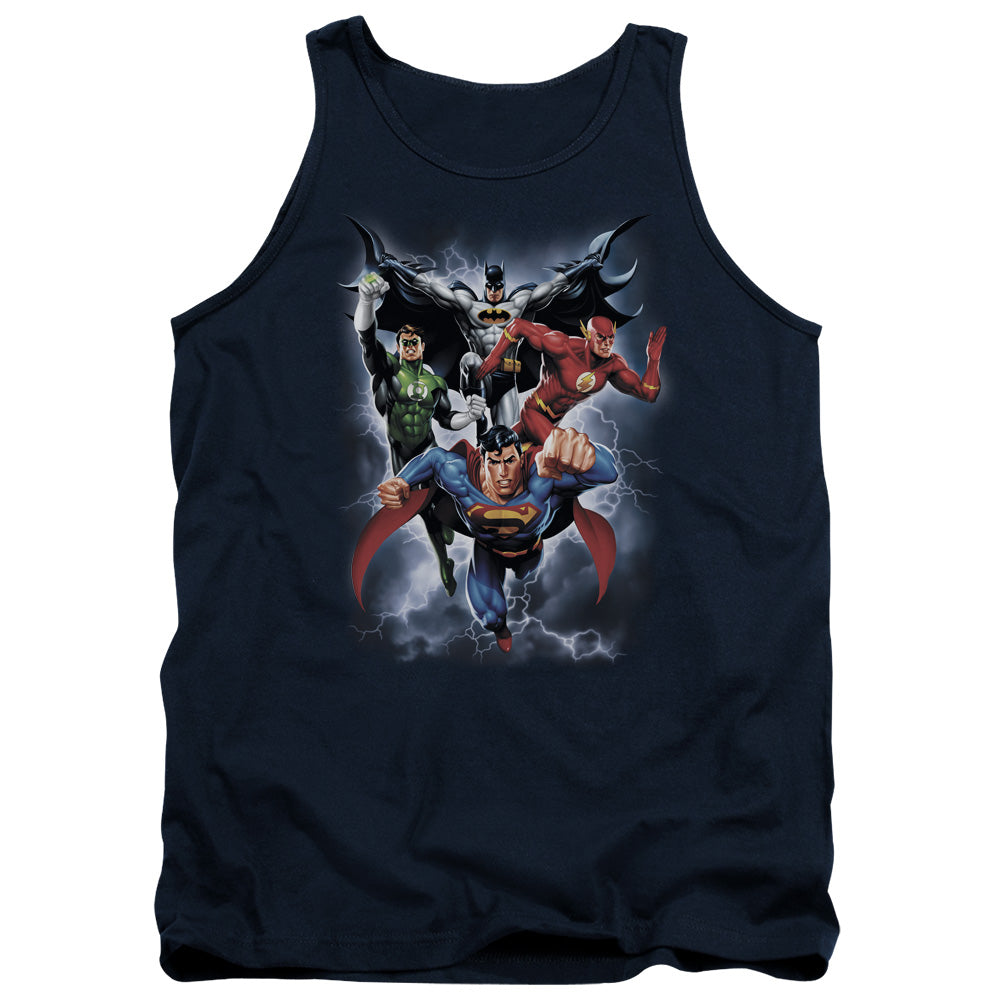 AN OFFCIALLY LICENSED JLA THE COMING STORM ADULT UNISEX TANK TOP NAVY