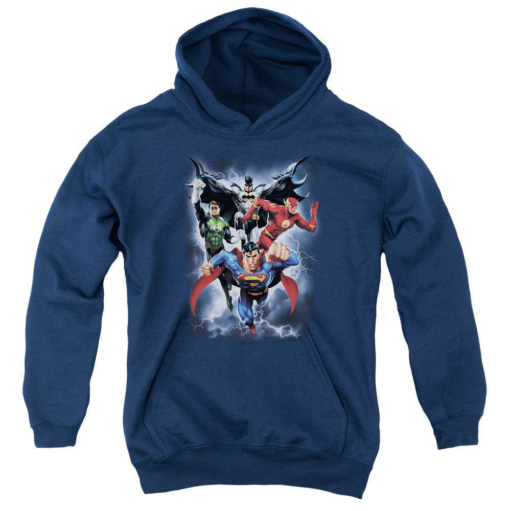 AN OFFCIALLY LICENSED JLA THE COMING STORM YOUTH HOODIE NAVY