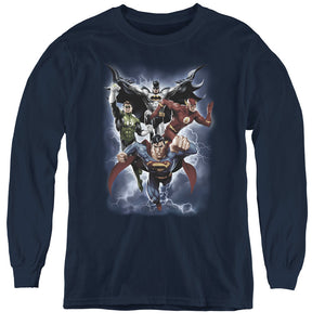 AN OFFCIALLY LICENSED JLA THE COMING STORM YOUTH LONG SLEEVE T-SHIRT NAVY