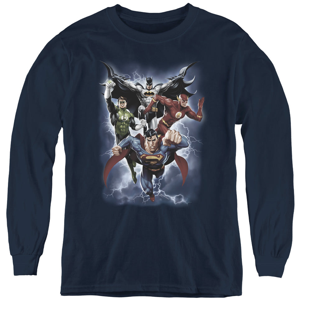 AN OFFCIALLY LICENSED JLA THE COMING STORM YOUTH LONG SLEEVE T-SHIRT NAVY