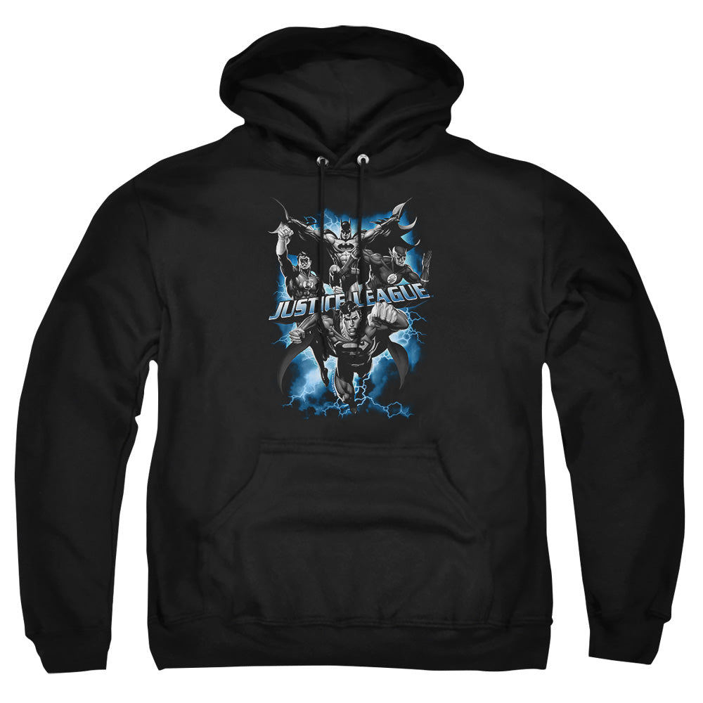 AN OFFCIALLY LICENSED JLA JUSTICE STORM ADULT UNISEX PULLOVER HOODIE BLACK