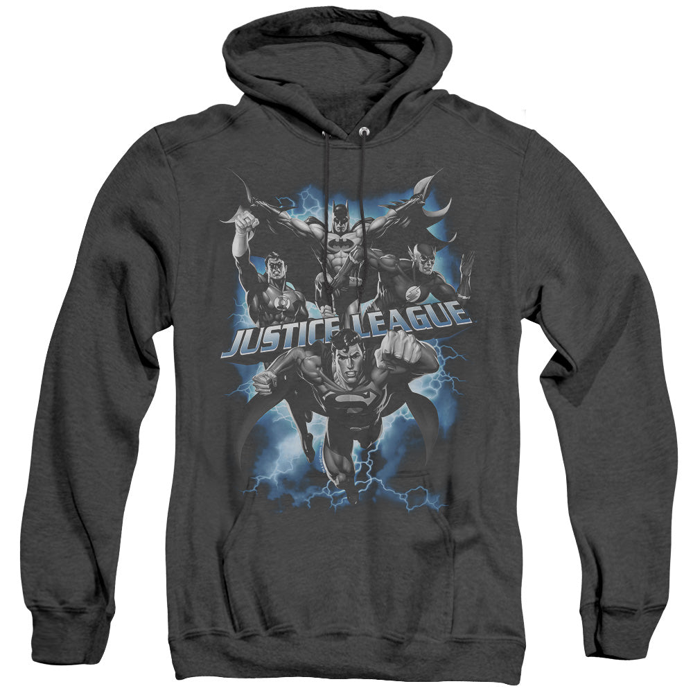 AN OFFCIALLY LICENSED JLA JUSTICE STORM ADULT UNISEX HEATHER PULLOVER HOODIE BLACK