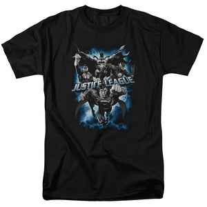 AN OFFCIALLY LICENSED JLA JUSTICE STORM MEN'S REGULAR FIT T-SHIRT BLACK