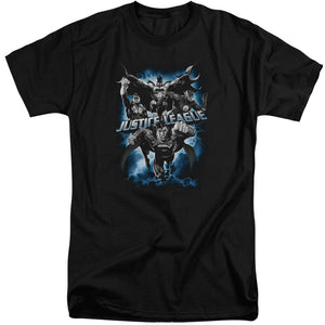 AN OFFCIALLY LICENSED JLA JUSTICE STORM MEN'S TALL FIT T-SHIRT BLACK