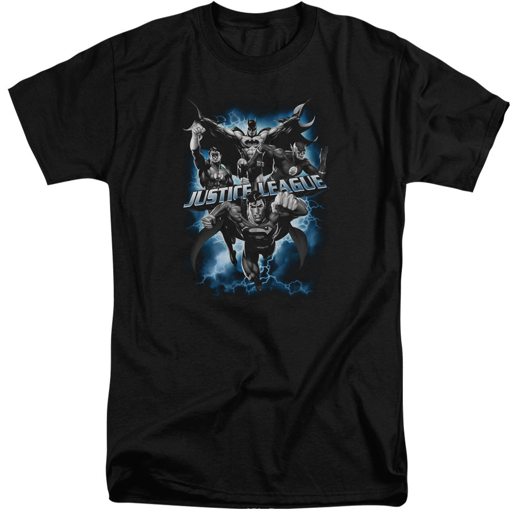 AN OFFCIALLY LICENSED JLA JUSTICE STORM MEN'S TALL FIT T-SHIRT BLACK
