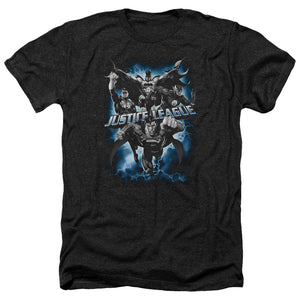 AN OFFCIALLY LICENSED JLA JUSTICE STORM MEN'S HEATHER T-SHIRT CHARCOAL